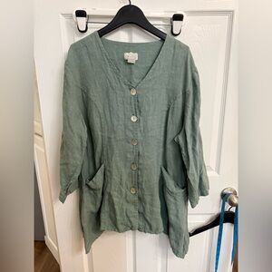 Mosaic Tunic Top Womens M Linen Button Front 3/4 Sleeve Flare Pockets Lagenlook